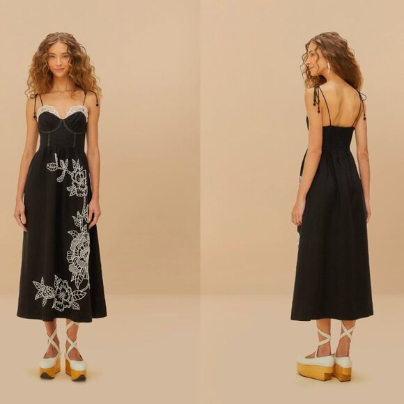 Farm Rio Black Richelieu Lace Euroflax™ Premium Linen Midi Dress Size L - Picture 1 of 4